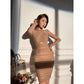 High Waist Pleated Wrapped Hip Long Sleeve Dress