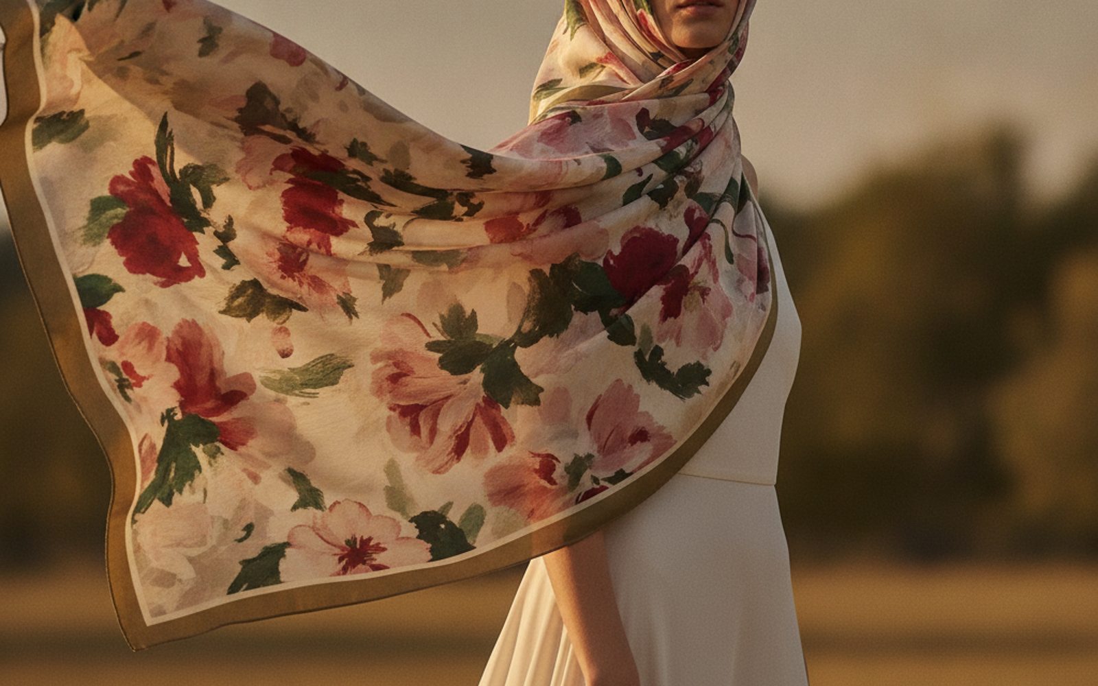 A woman styling a floral BanuStyle scarf